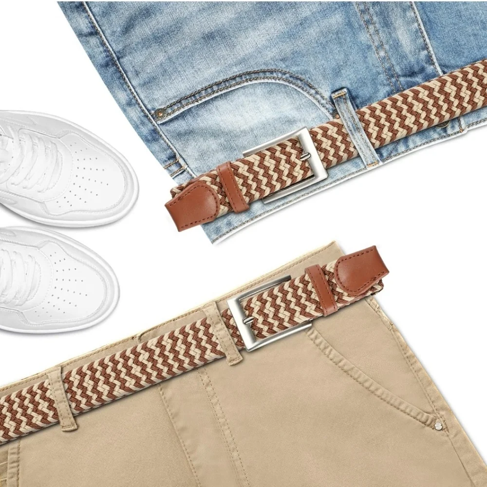 Adjustable From 44"-48" Waist Woven Belt Tan Cream Colored Silver Hardware - Picture 3 of 5